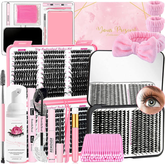 DIY Lash Extension Kit 900Pcs D Curl 9-18mm Lash with Lash Bond and Seal,Quick Glue Remover Lash Shampoo Cleansing Brush Wristband Tweezers Eyelash Brush Mini Applicator