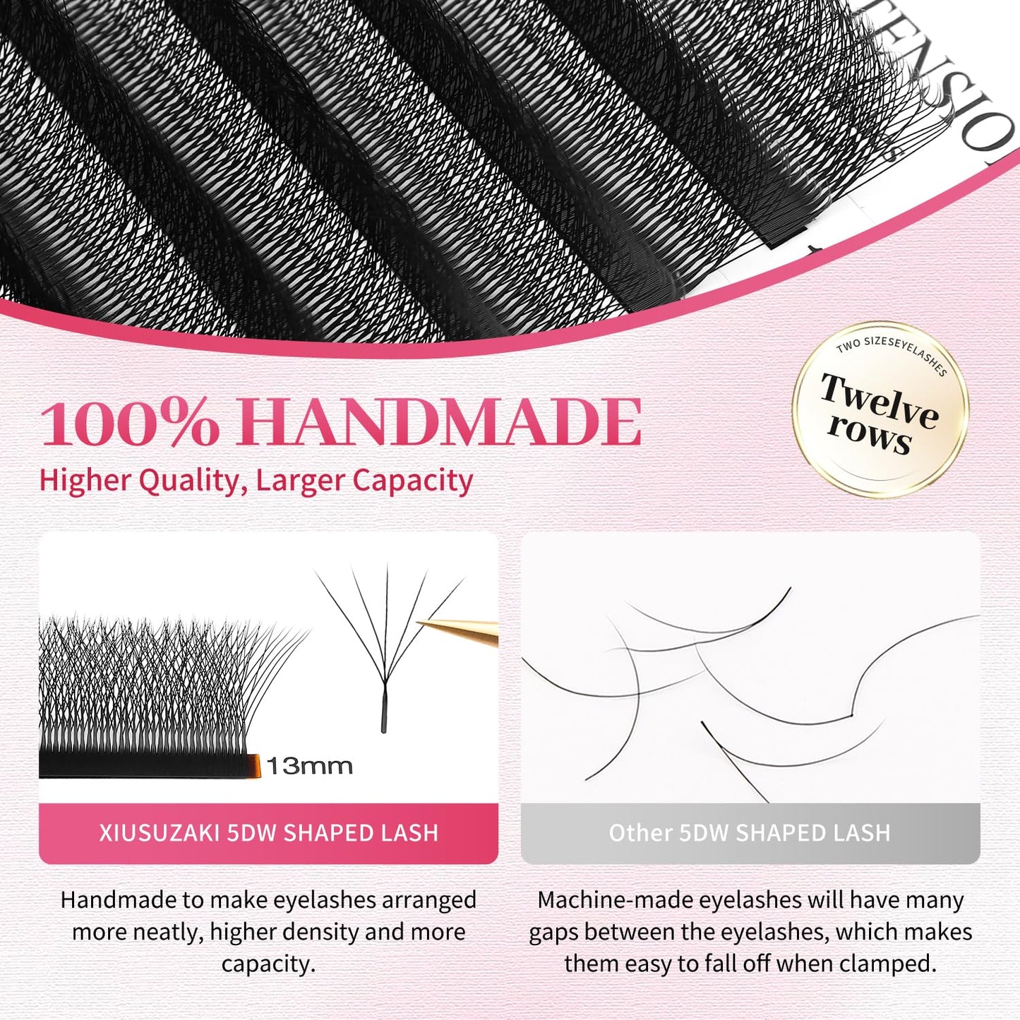 W Lash Extensions Supplies 5D Eyelash Extensions W Shape 0.07mm Thickness D Curl 11mm Premade Fans Easy Fan Lashes Volume Matte Black 12 Rows Crisscross Eye Lashes(W-5D-0.07-D,11mm)