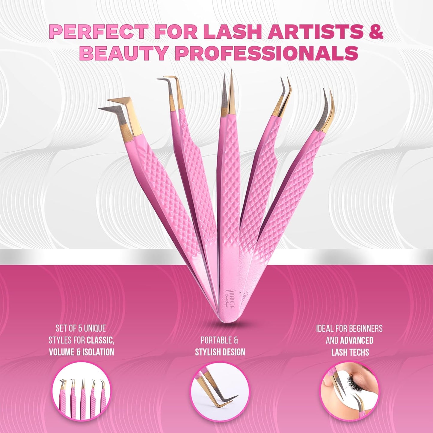 5 Pcs Fiber-Tip Japanese Steel Lash Tweezer Set with Leather Case, Professional Eyelash Tweezers for Lash Extensions – Titanium Coated, 90 & 45 Angled, Precision Pointed Tweezers (PINK)