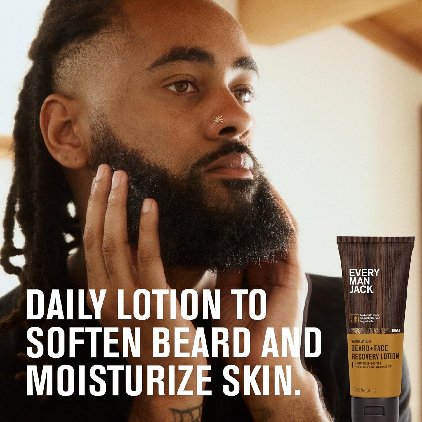 Every Man Jack Beard + Face Recovery Lotion-Moisturizes Relieves Dry Skin and Beard Itch - Light Sandalwood Scent-Made w/Naturally Derived Ingredients like Coconut Oil, and Witch Hazel-3.2oz(2 pack)
