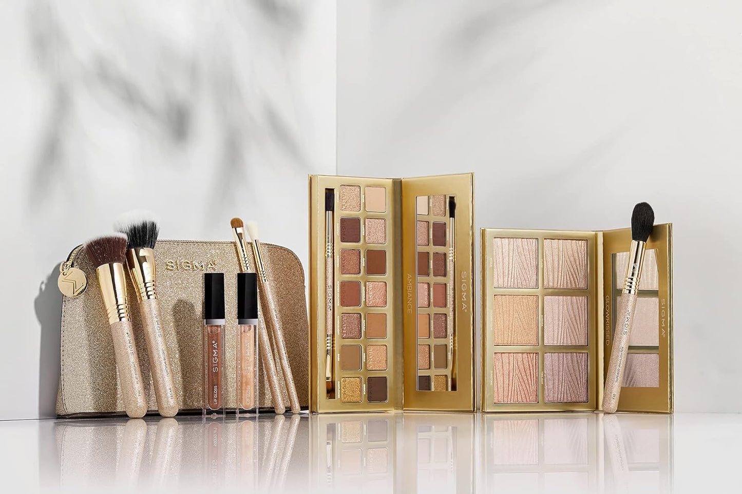 Sigma Beauty Ambiance Complete Collection - 14 Buttery Eyeshadow Powders, Highlighter Palette with 6 Metallic Highlighters, 2 Hydrating Lip Gloss, & 5 Makeup Brushes - Full Makeup Set