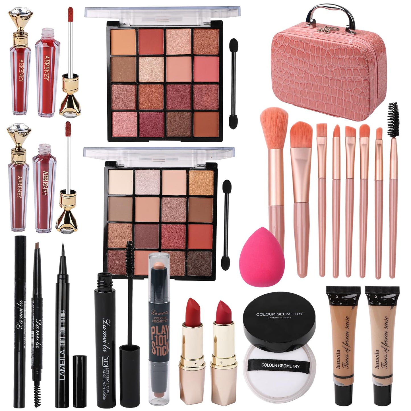 Makeup Kit for Teen Girls,All in One Makeup Kit for 2X16 Colors Eyeshadow Liquid Foundation Eyeliner Pencils Contouring Stick Lip Gloss Eyebrow Pencils 8Pcs Makeup Brushes etc (pink)