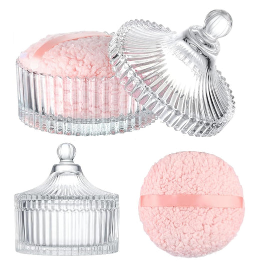 Extra Large Body Powder Puff and Container - Vintage Glass Dusting Powder Container with Soft Puff for Women & Girls (5.9x5.9x5.9 IN)-GRB010-Transparent
