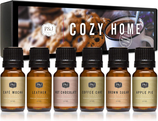 P&J Trading Cozy Home Set of 6 Fragrance Oils - Brown Sugar, Apple Pie, Coffee Cake, Café Mocha, Leather, Hot Chocolate Scented Oils for Candle Scents, Soap Making, Diffuser Oil