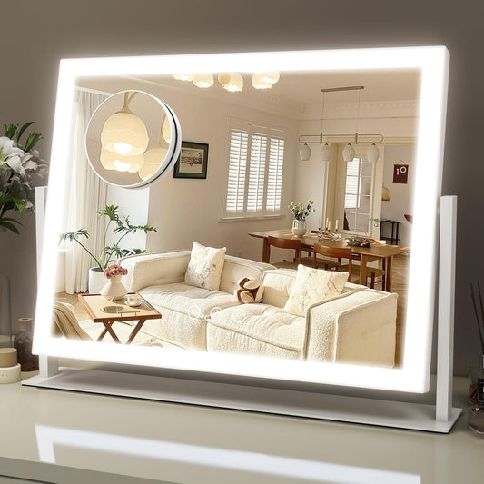 Lighted Makeup Mirror, 16.3"x12.6" Hollywood Vanity Mirror with Lights, 10X Magnification, 3 Color Lighting Modes, Smart Touch Control, 360° Rotation for Bedroom or Tabletop (White)