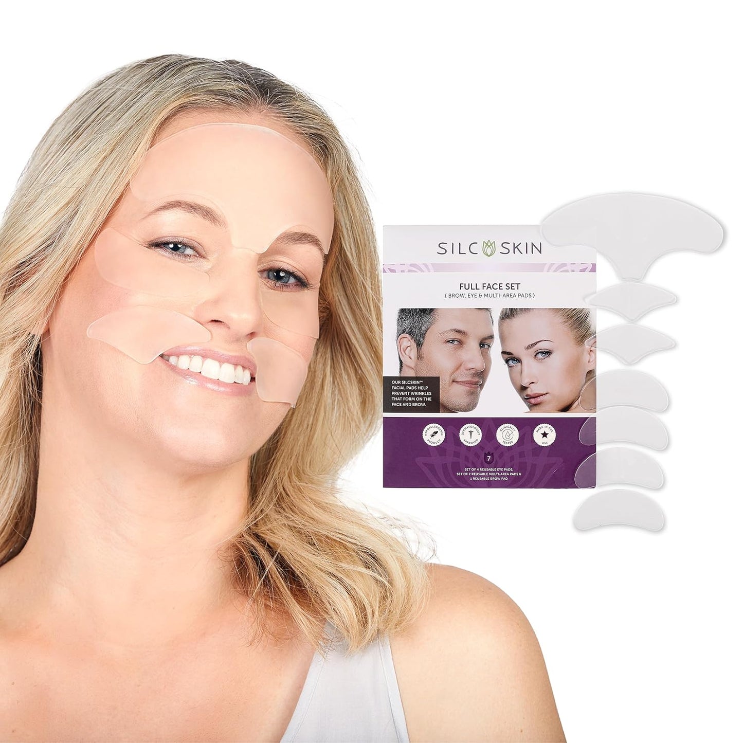 SilcSkin Full Face Set, Helps with Face & Brow Wrinkles from Sun Aging Side Sleeping, Reusable Self Adhesive Medical Grade Silicone, 1 Brow Pad, 4 Eye Pads, 2 Multi-Area Pads - 45 Day Supply
