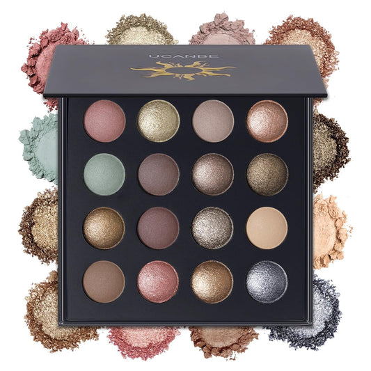 UCANBE Baked Eyeshadow Makeup Palette with Hidden Gems, 16 Colors Nude Eye Shadow with Matte Glitter Metallic Shimmer, Highly Pigmented Long Lasting Make Up Pallet