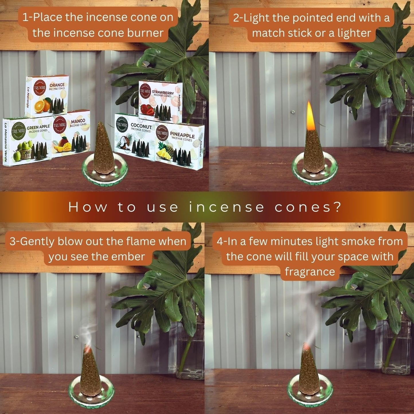 Trumiri Fruity Incense Cones - Variety Pack - Total 60 Cone Incense (6 Scents x 10 Conos) - Strawberry, Coconut, Pineapple, Apple, Mango, Orange - Cone Incense Scents - Insense Cones - Incent Cone