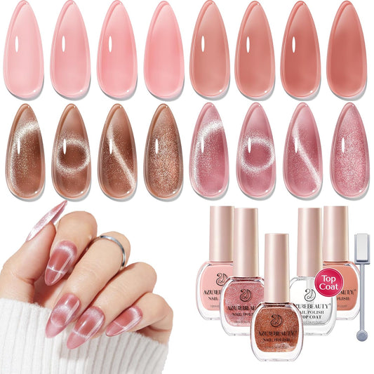 AZUREBEAUTY Cat Eye Nail Polish Set, 4 Colors Magnetic Nude Jelly Glitter Quick Air Dry Non Gel Natural Fingernail Lacquer Strengthening Treatment Kit with Top Coat DIY Salon at Home