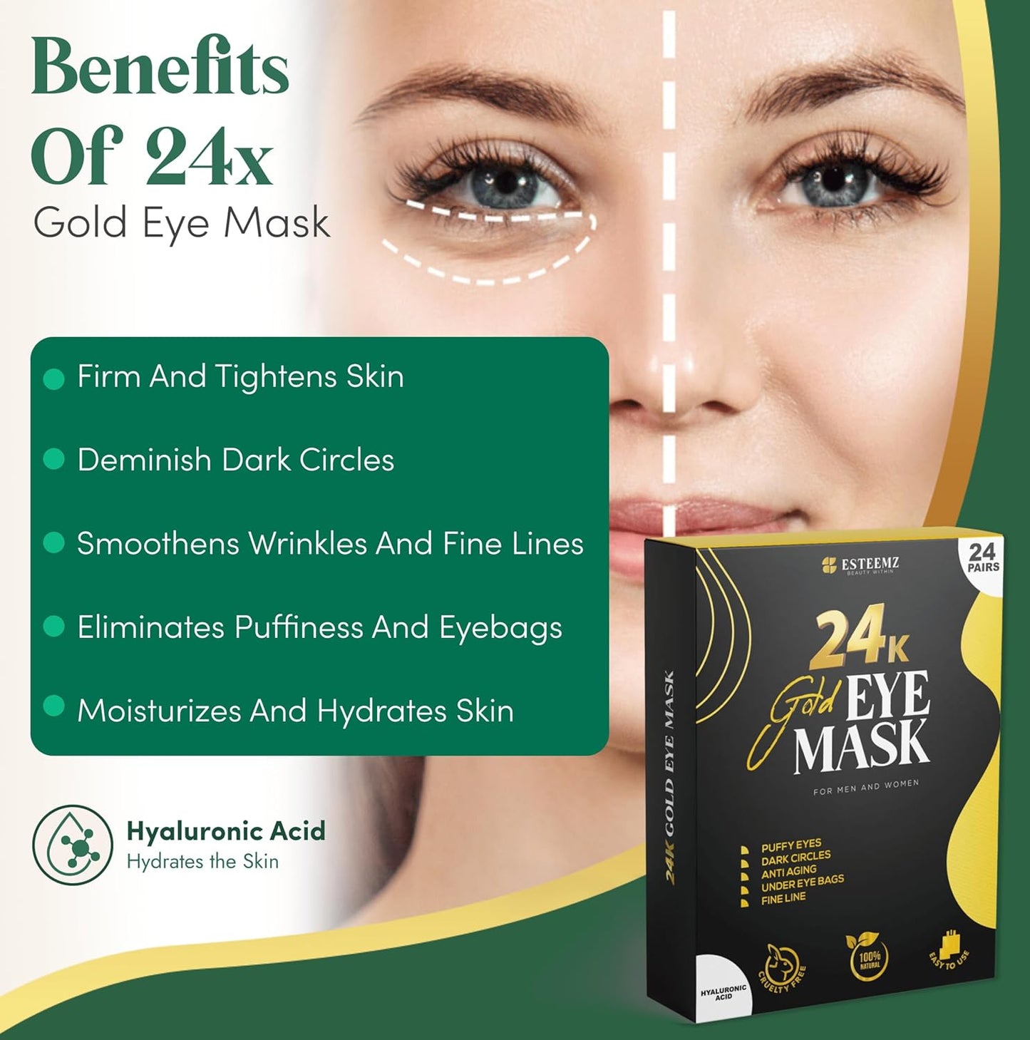 24K Gold Under Eye Patches For Puffy Eyes (36 Pairs Individually Wrapped) - Collagen Enriched Under Eye Masks for Dark Circles and Puffiness, Hyaluronic Acid Under Eye Mask Patches for Wrinkles