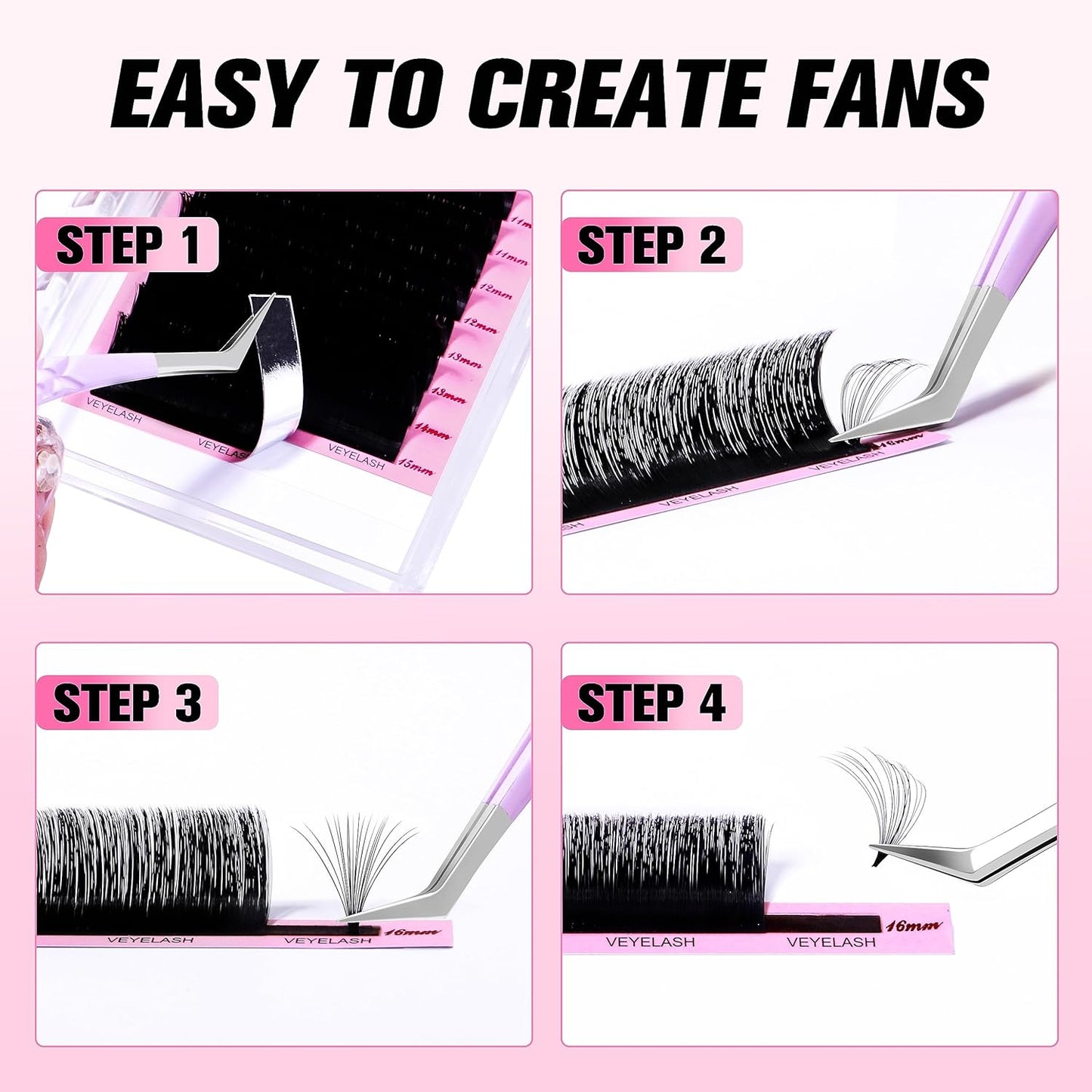 VEYES INC Cashmere Smart Fan Lash Extensions 0.03 0.05 0.07 C/CC/D Curl 8-20mm Mixed & Single Length, Super Matte Black Volume Lashes, Professional Supplies for Lash Techs (0.03 C 15-20mm)