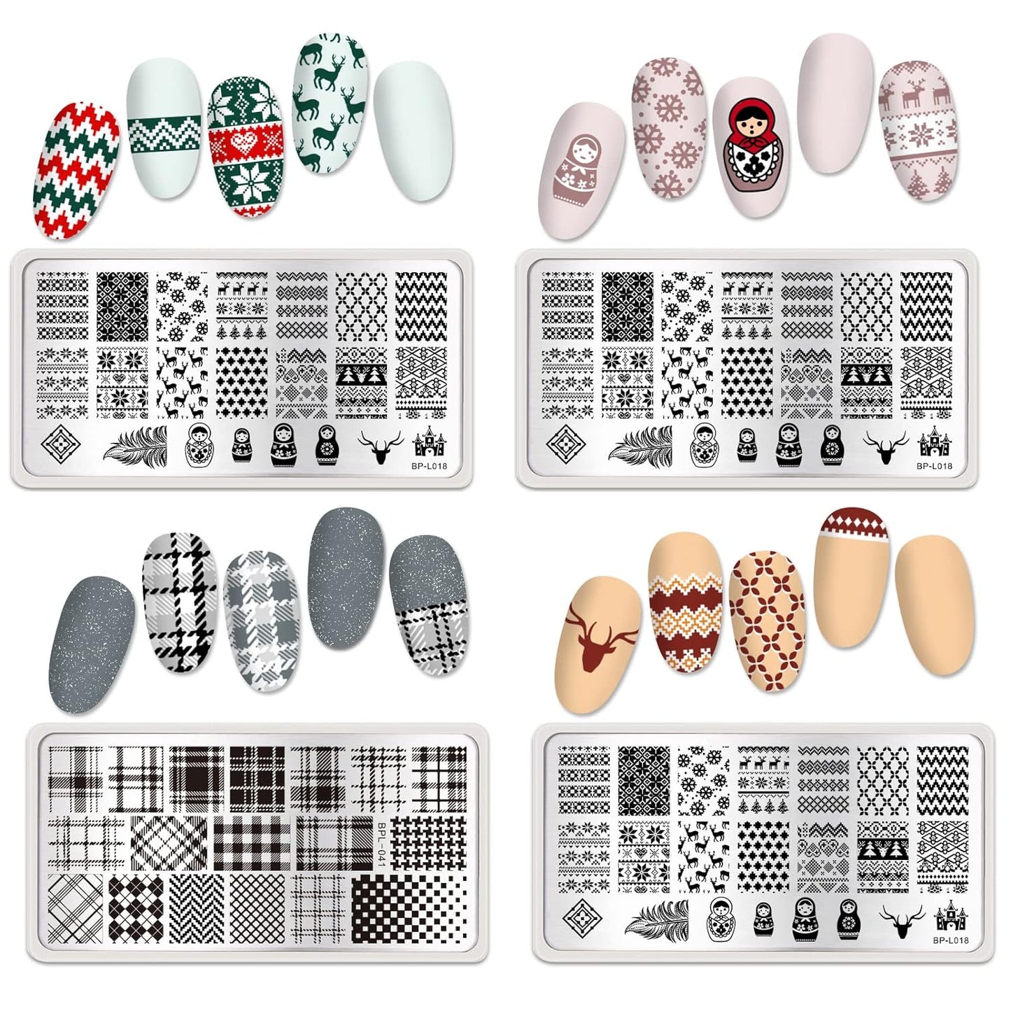 Born Pretty Nail Stamping Plates Set Plaid Flowers Leaves Lace Nail Art Image Plates Spring into Winter Stamp Templates Kit Image Manicuring DIY Printing Tools 8PCS