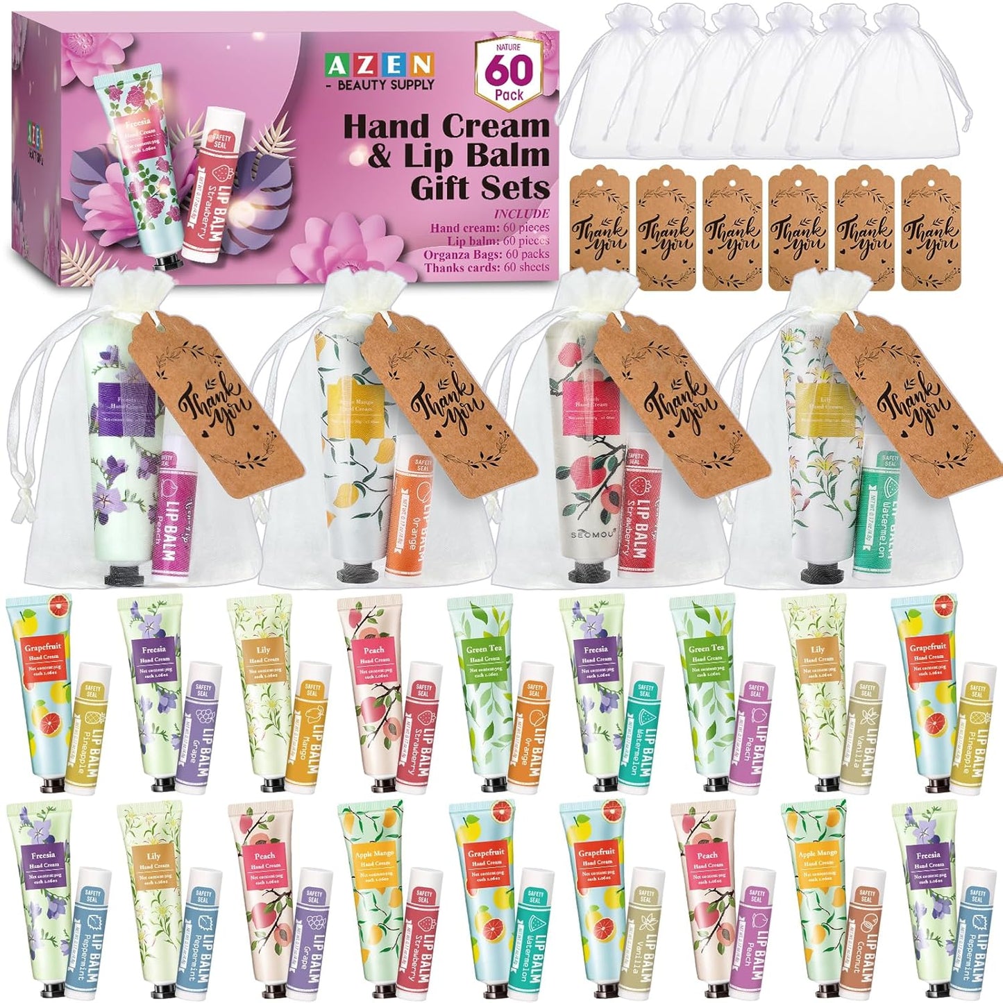AZEN 60 Sets Bulk Gifts, Hand Cream and Lip Balm Bulk Set with Organza Bag Thank You Card, Baby Shower Wedding Gifts for Guests, Bridal Wedding Favors for Guests,Thank You Gifts for Women