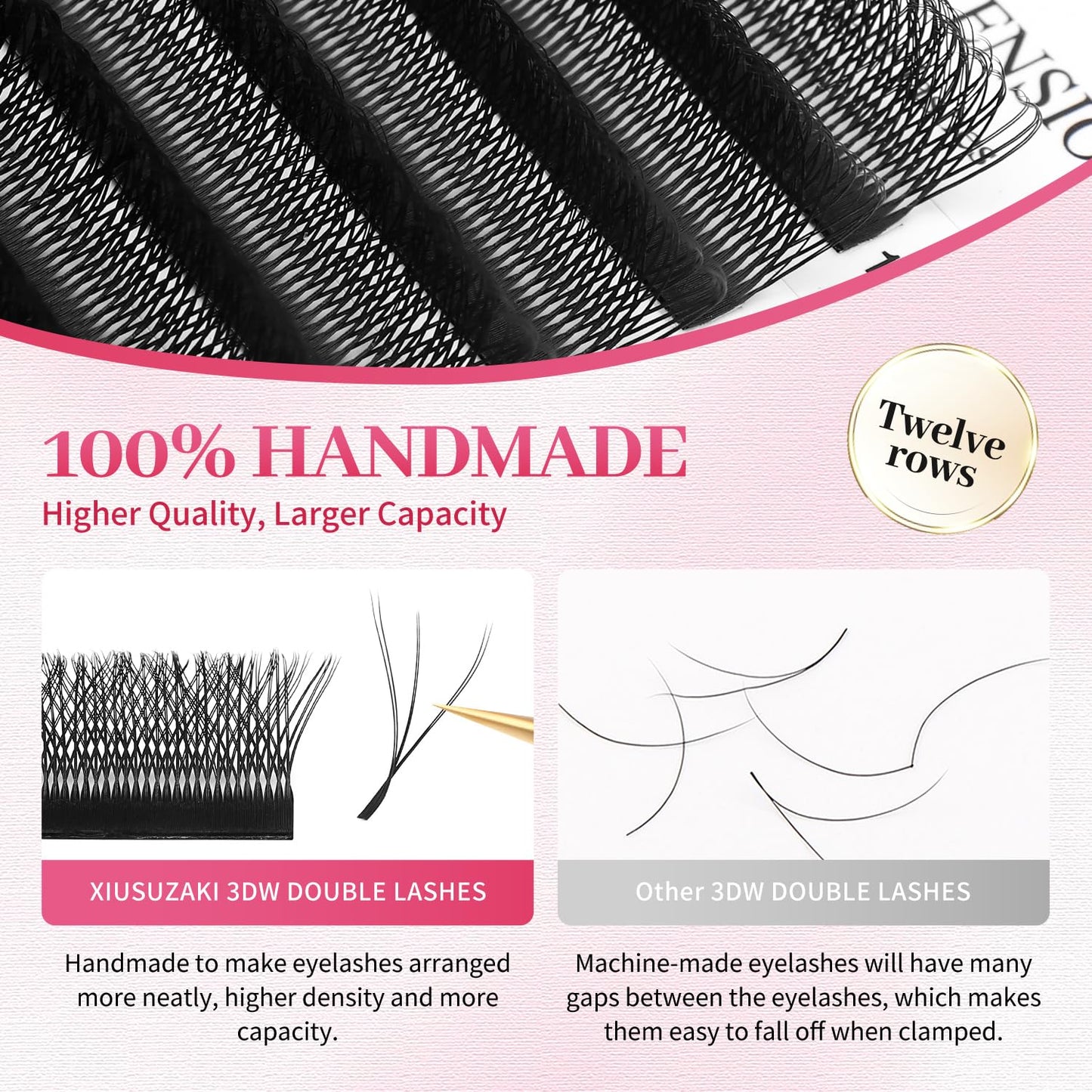 Lash Extensions Double Tips 3D Eyelash Extensions W Shape 0.07mm Thickness D Curl 11mm Premade Fans Easy Fan Volume Matte Black Crisscross Eyelashes(W-3D-Double Tips-0.07-D,11mm)