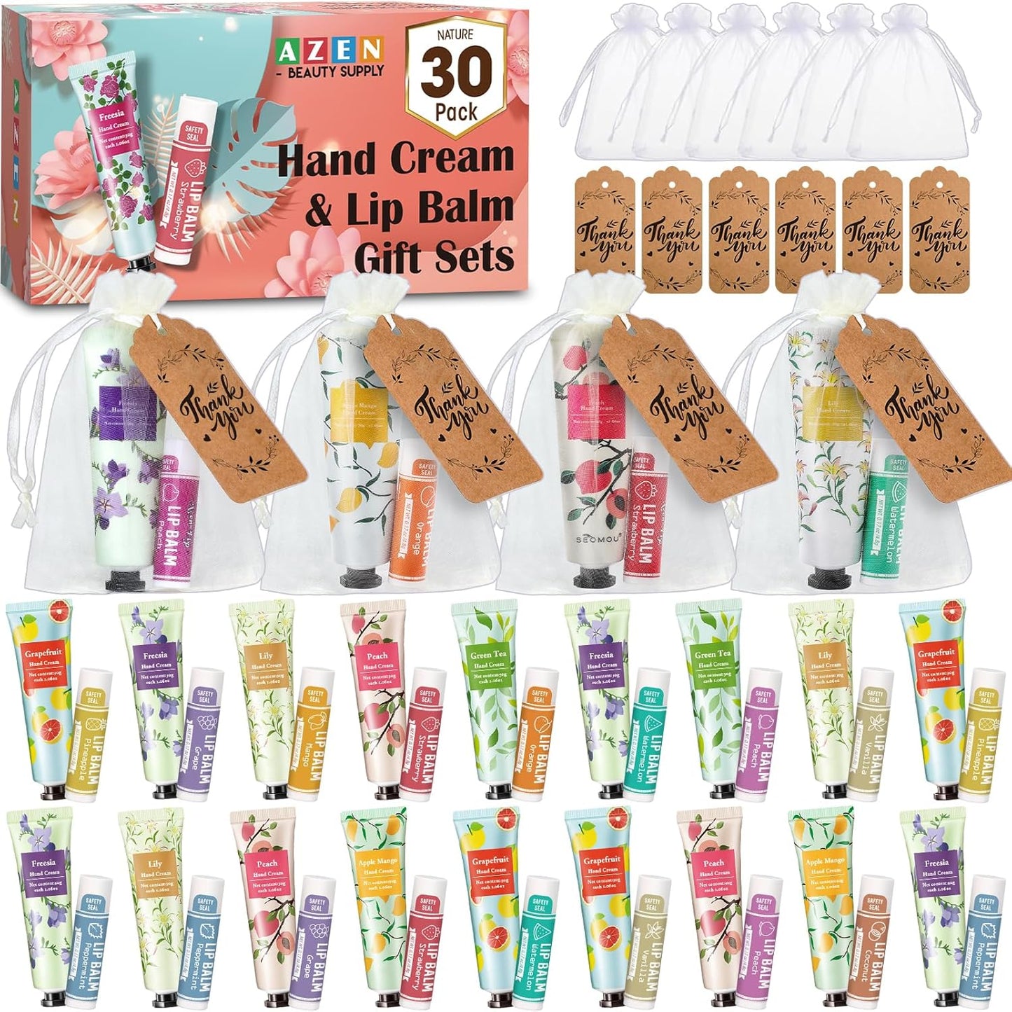 AZEN 30 Sets Bulk Gifts, Hand Cream and Lip Balm Bulk Set with Organza Bag Thank You Card, Baby Shower Wedding Gifts for Guests, Bridal Wedding Favors for Guests,Thank You Gifts for Women