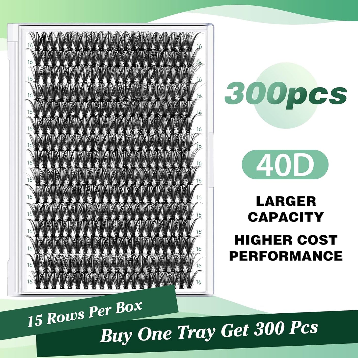 Lash Clusters 300pcs Individual Lashes 40D 0.07D Curl 16mm DIY Eyelash Extension KEYYOU Large Tray Volume Soft&Natural Cluster Lashes(40D-0.07D,16）