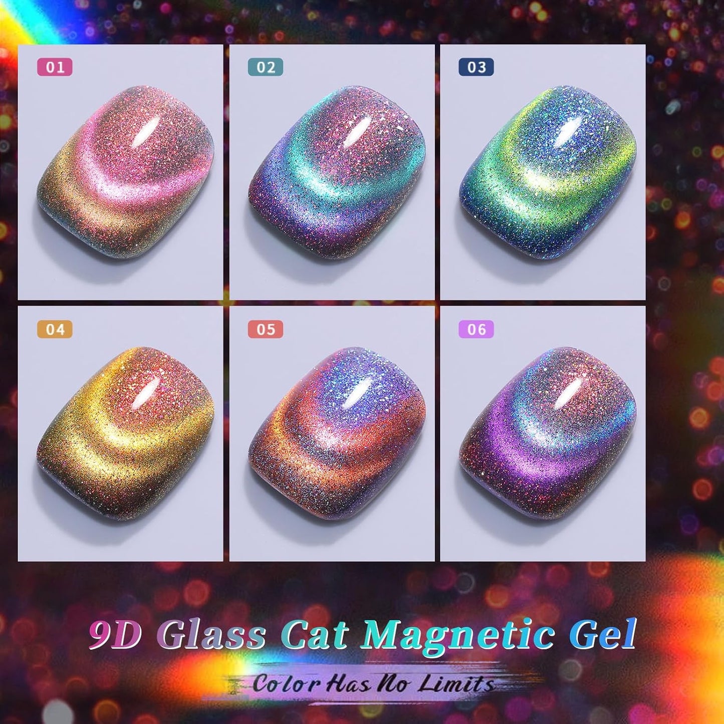 Born Pretty Cat Magnetic Gel Nail Polish 9D Chameleon Holorgraphic Cat Magnetic Eye Gel Polish Glitter Gel Polish Set 6PCS