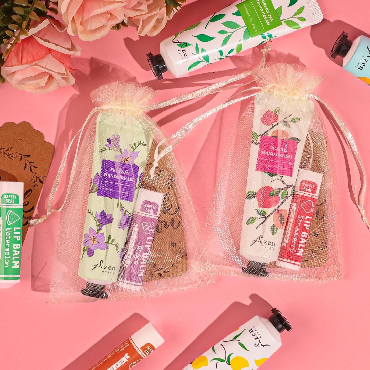 AZEN 30 Sets Bulk Gifts, Hand Cream and Lip Balm Bulk Set with Organza Bag Thank You Card, Baby Shower Wedding Gifts for Guests, Bridal Wedding Favors for Guests,Thank You Gifts for Women