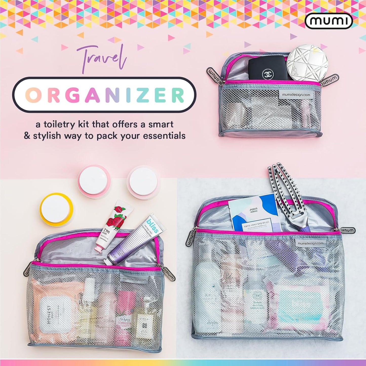 MUMI Travel Toiletry Bag Set of 3 – Clear TSA Approved Toiletry Bags for Women – Reusable Water-Resistant Makeup Organizer Pouches for Skincare, Cosmetics, Travel Accessories, Airport Packing - Gray