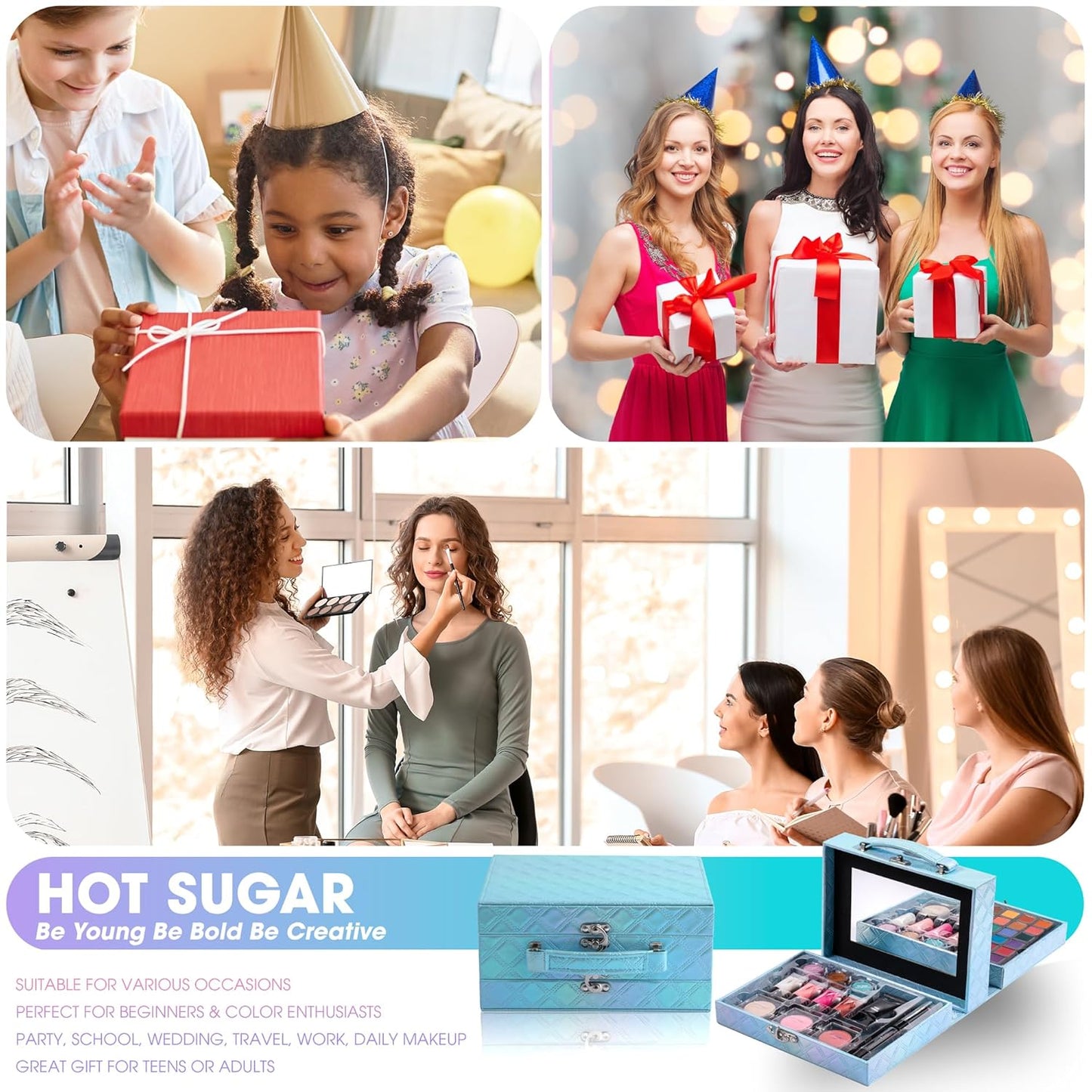 Hot Sugar Makeup Kit for Preteen Girls 10-12, Birthday Christmas Makeup Gift Set for Teens 16-18, All in One Beginner Makeup Kit for Women Full Kit (Blue Diamond)