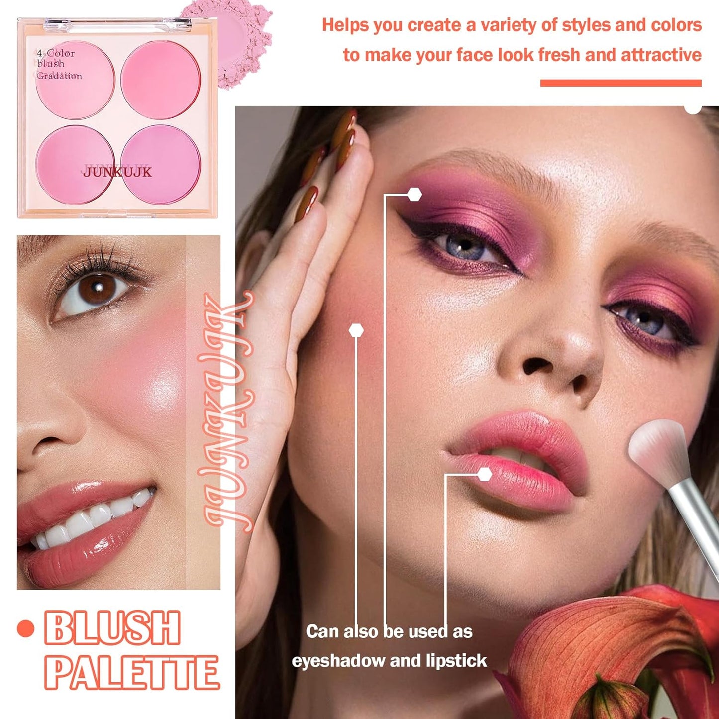 Blush Palette,Shimmer Silky Matte Blush Powder Palette,Professional Cute Face Contour Highlighter Blush Palette with Blush Makeup Brush 02