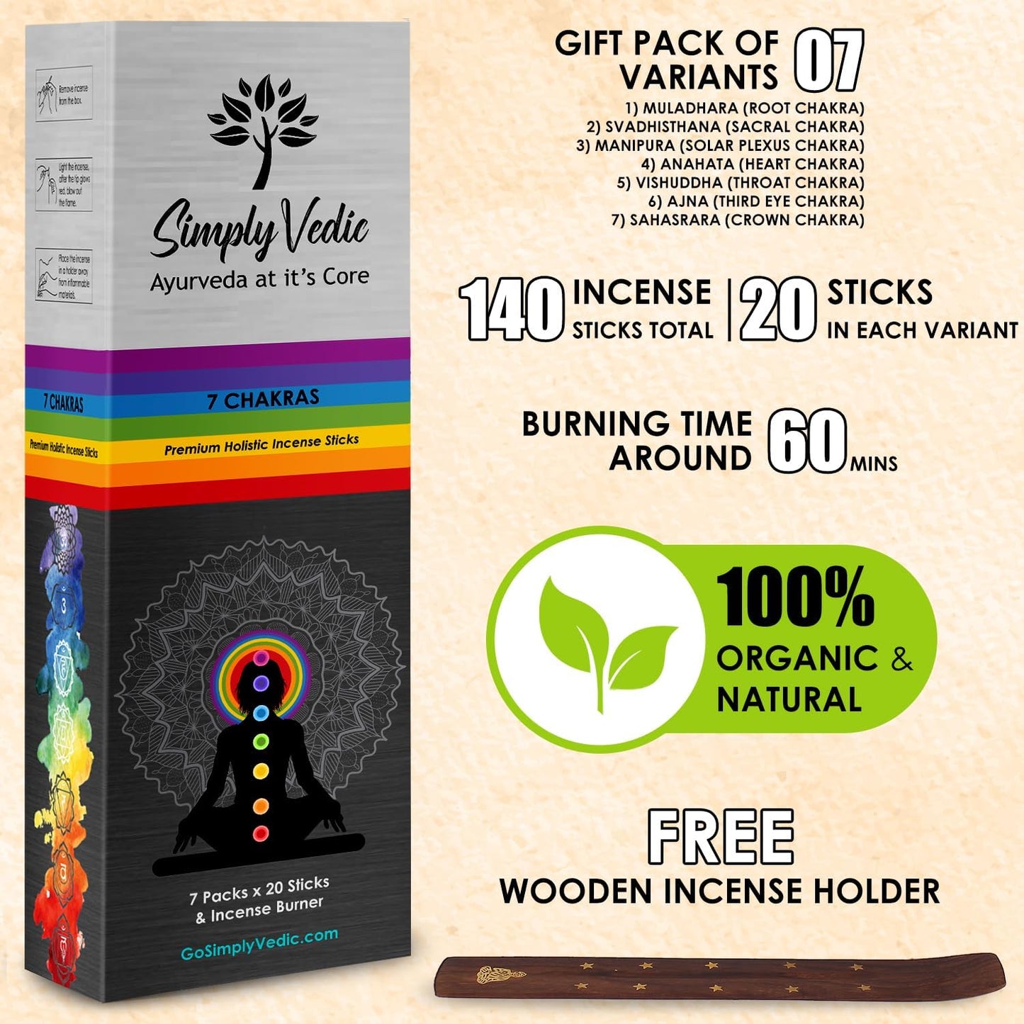 7 Chakra Incense Sticks, Aromatic Bliss for Balance & Healing| Handcrafted 140 Sticks with Pure Natural Scents to Align Energy Centers, Aromatherapy, Meditation, Yoga, Promote Relaxation