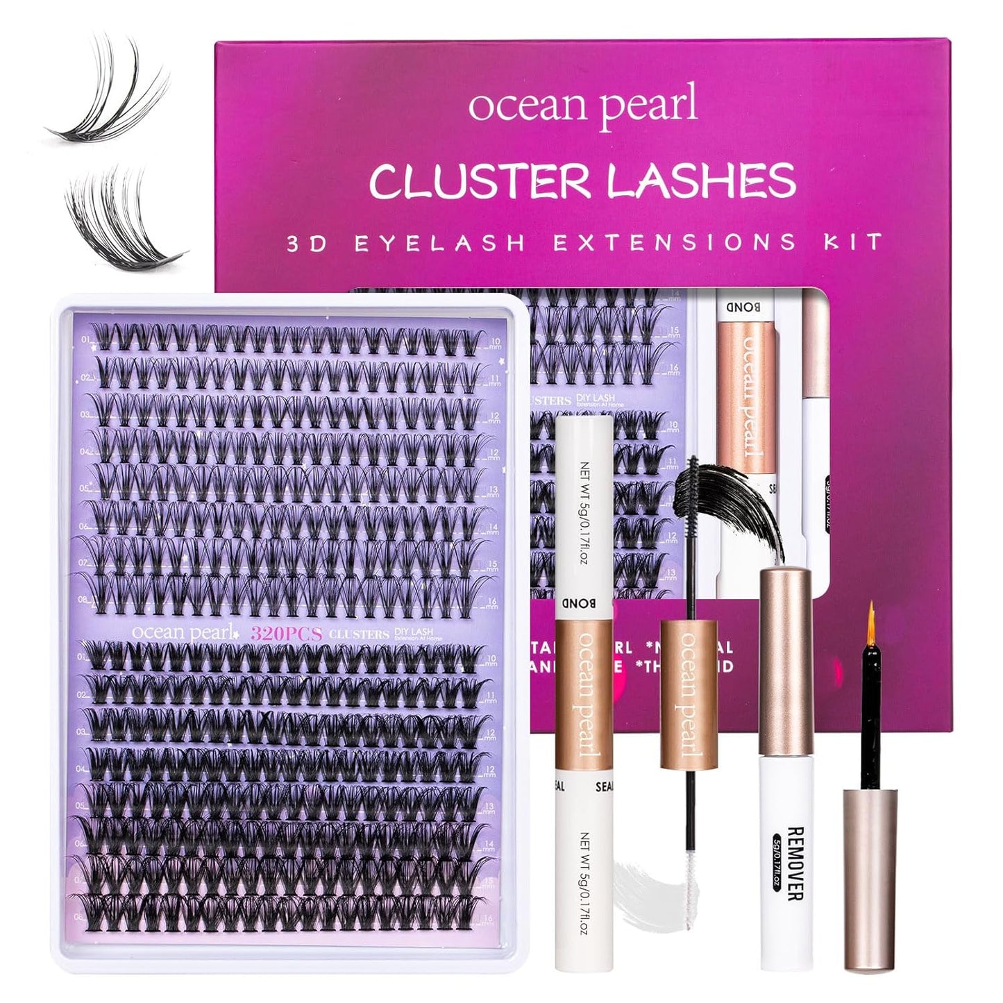 Individual Lashes with bond and seal Lash Remover DIY Lash Extension Kit 320 Pcs Cluster Lashes 10-16mm Natural Light C/D Curl False Eyelashes for Beginner Makeup at Home (20D+50D）