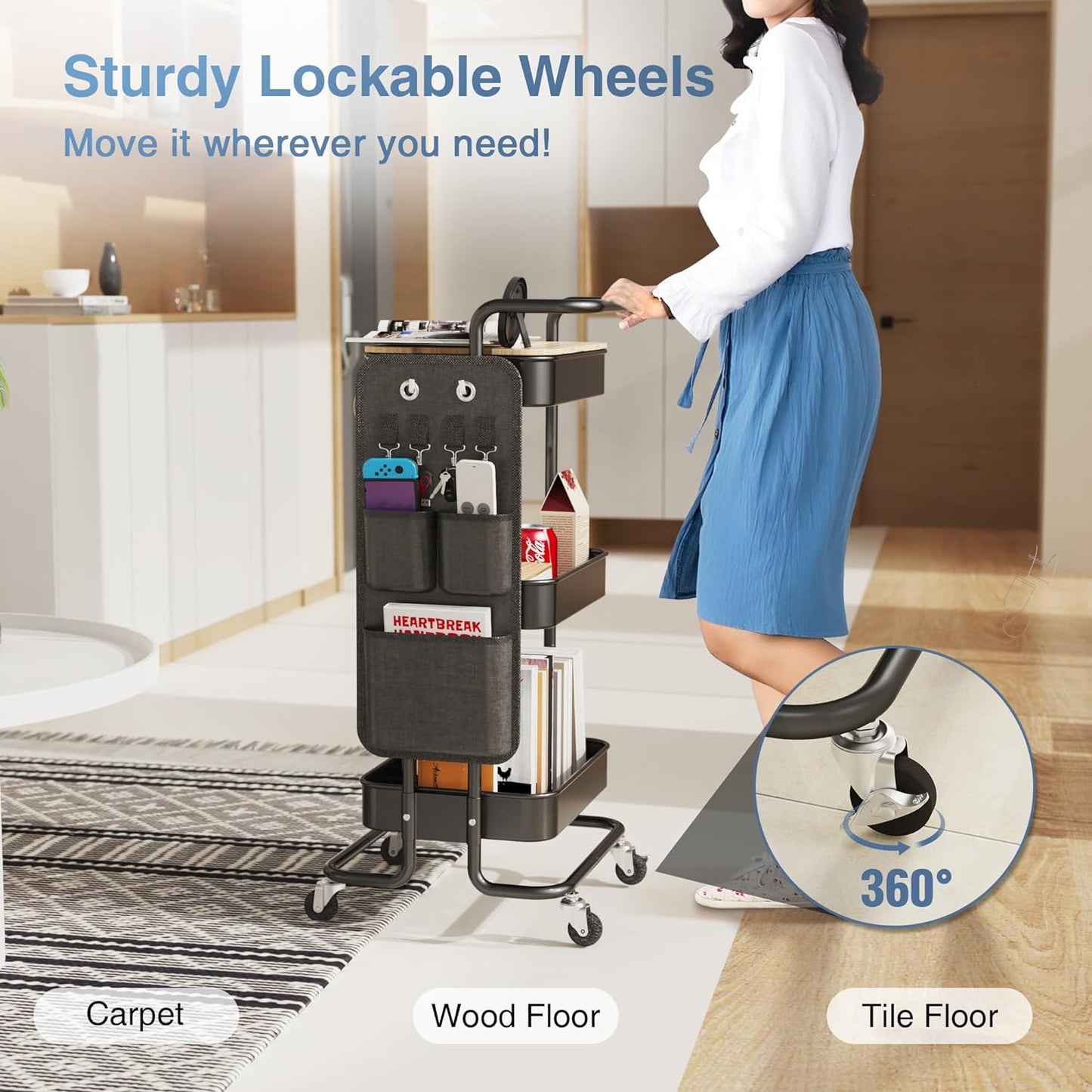 DTK 3 Tier Metal Utility Rolling Cart with Table Top and Side Bags, Tray Storage Organizer Wheels, Art Craft 4 Hooks for Kitchen Bathroom Office Living Room (Black)