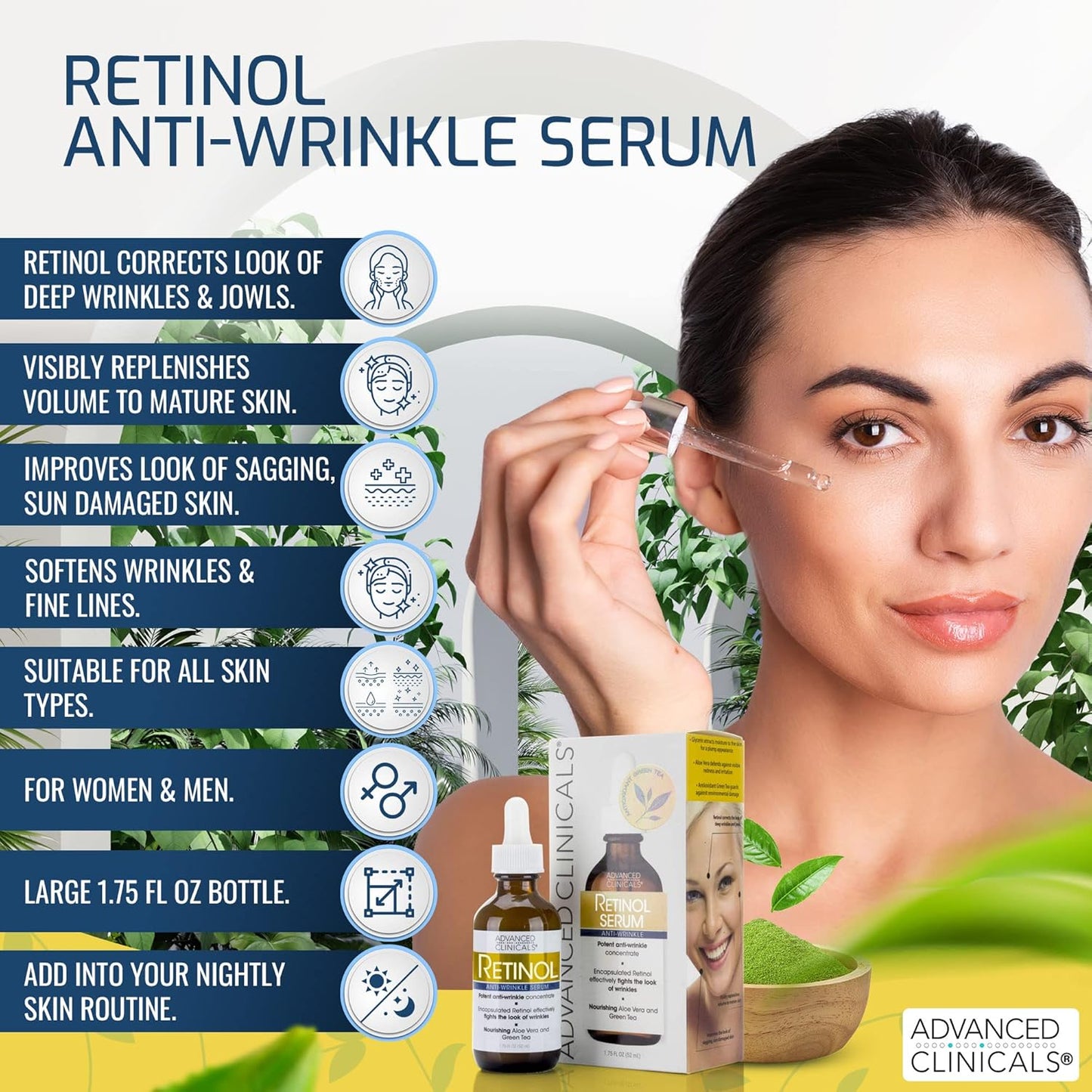 Advanced Clinicals Retinol Facial Serum Moisturizer Skin Care For Face, Anti Aging Retinol Concentrate Reduces Appearance Of Wrinkles & Fine Lines W/Aloe Vera & Green Tea, 1.75 Fl Oz (Pack of 2)