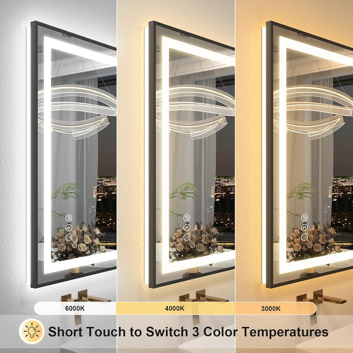OKPAL 28x32 LED Bathroom Mirror with Lights, Black Lighted Mirrors for Bathroom Wall, Front and Backlit, Anti-Fog, Dimmable, Shatterproof, 3 Colors, Memory, Horizontal/Vertical