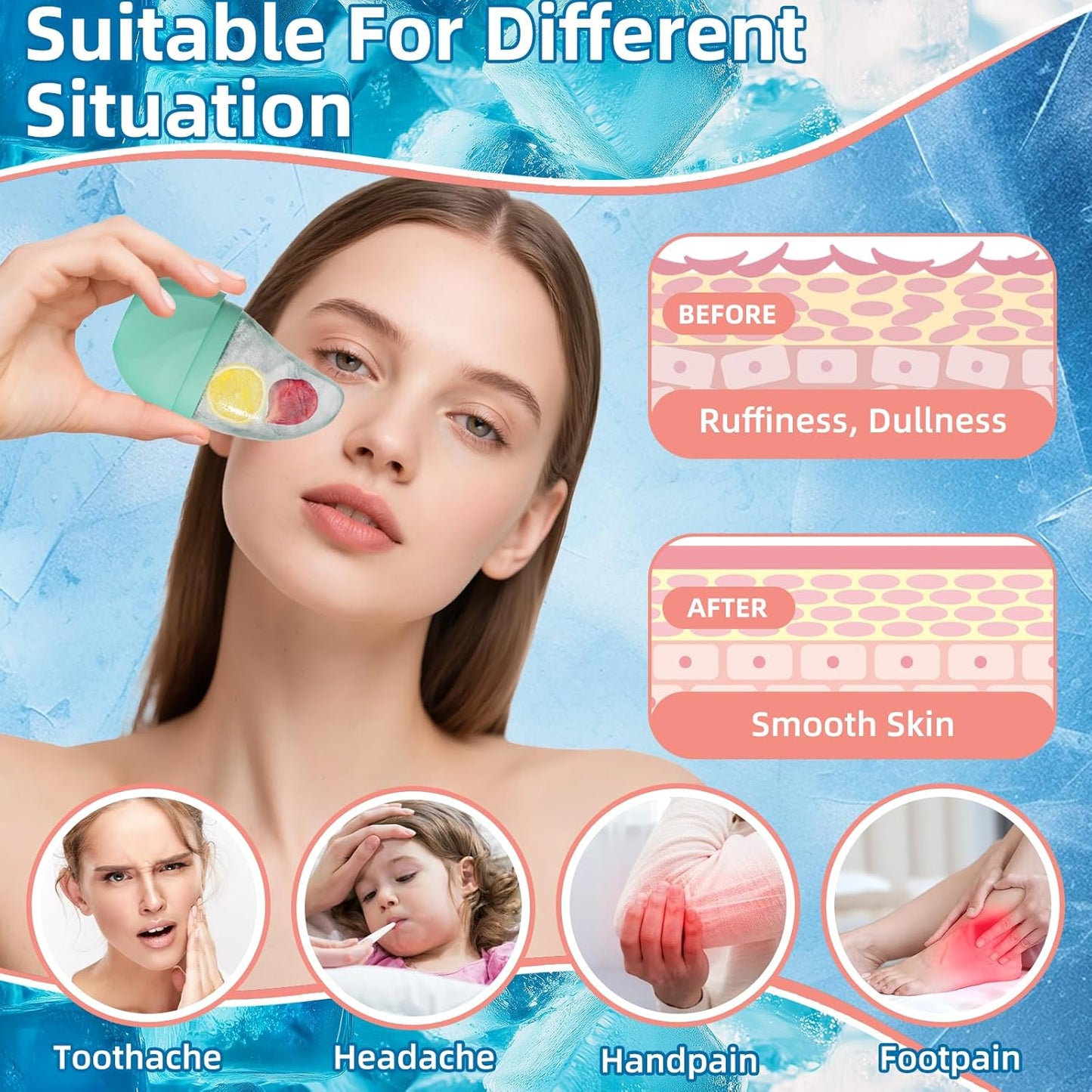 Silicone Facial Ice Cube Roller Massager, Facial Beauty Care Tool, Reusable Face Ice Mold - Brighten Skin, Reduce Puffiness for Face & Eyes (Black)