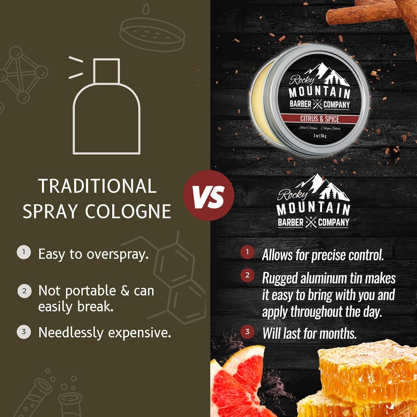 Rocky Mountain Barber Company Solid Cologne for Men – Citrus & Spice Scent – 2 Oz Size - Made with Coconut Oil, Shea Butter - Long-Lasting Scent