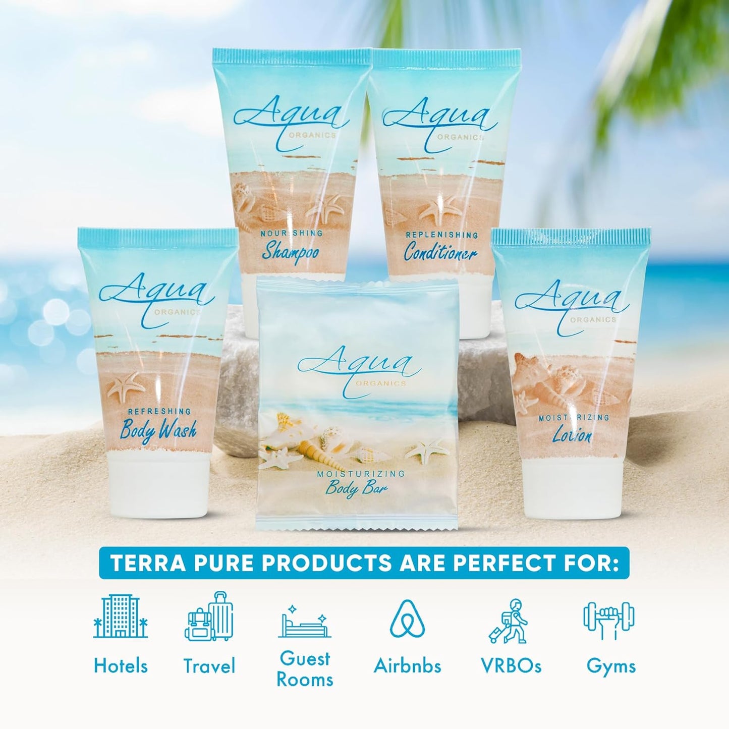 Aqua Organics Hotel Soaps and Toiletries Bulk Set | 1oz Hotel Shampoo & Conditioner, Body Wash, Body Lotion & 1oz Bar Soap Travel Size | 300 Pieces