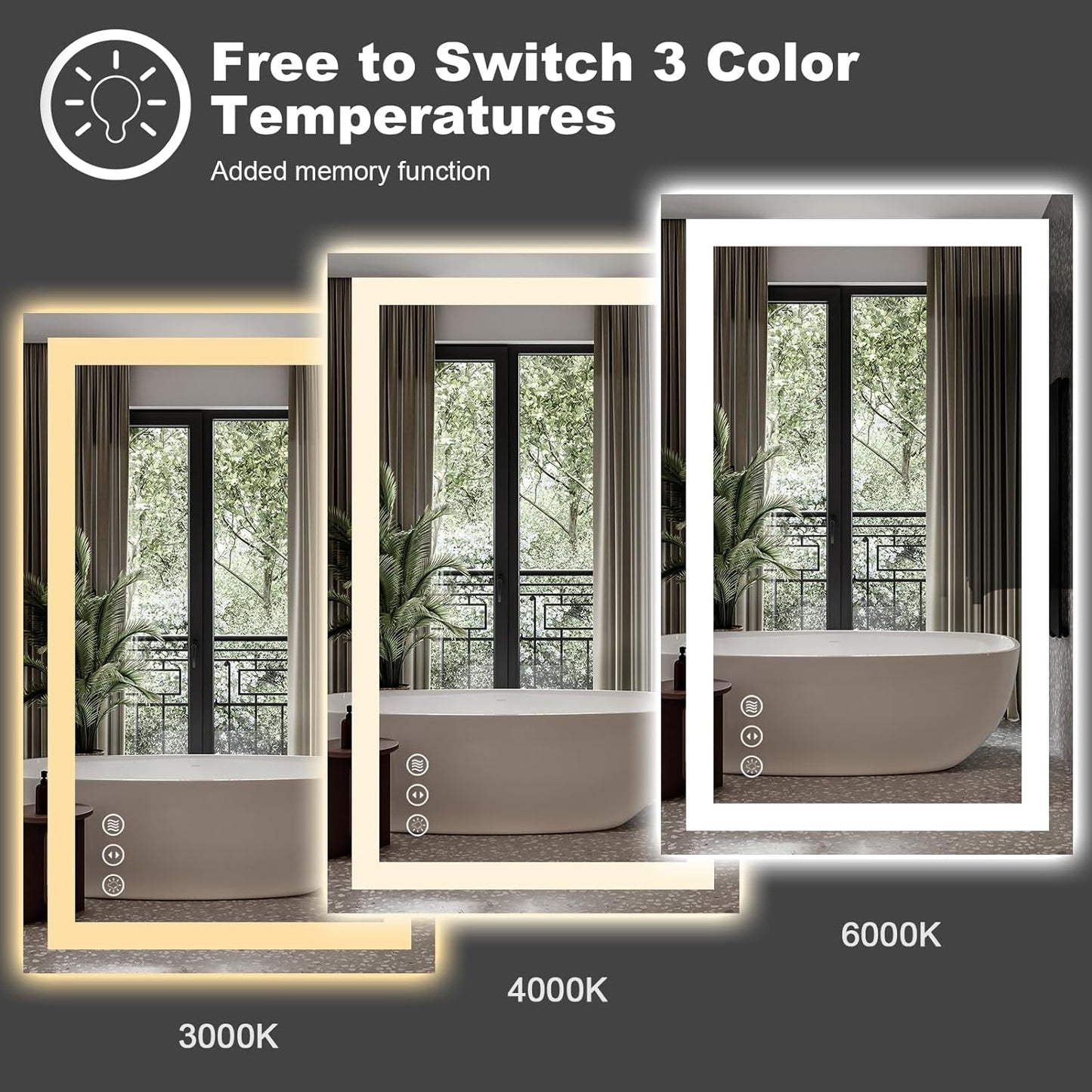 Amorho LED Bathroom Mirror 60" X32" with Front and Backlight, Stepless Dimmable Wall Mirrors with Anti-Fog, Shatter-Proof, Memory, 3 Colors, Double LED Vanity Mirror