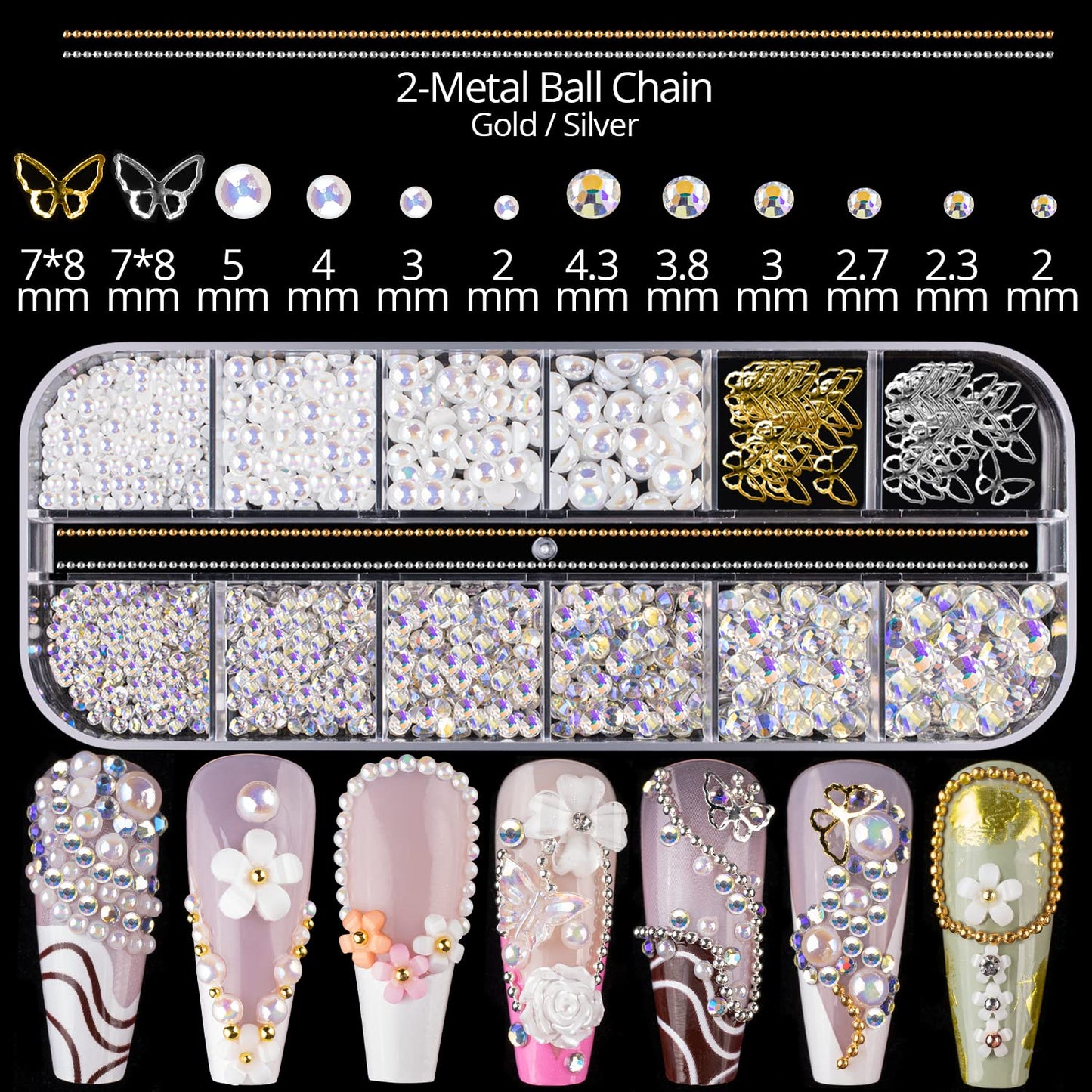 Mixed 3D Nail Art Gem Decoration Accessories Kit #6, Butterfly Starry AB Rhinestone Charm Jewelry for Deco, Pearl Flower Caviar Bead Stone Crystal with Dual-End Brush and Tweezer