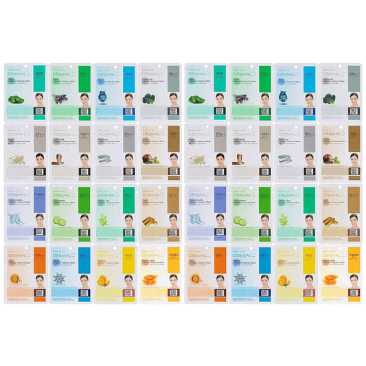 DERMAL Korean Collagen Face Mask – Hydrating & Soothing Sheet Mask with Panthenol – Hypoallergenic Calming Moisture Care for All Skin Types – 32 Combo Pack