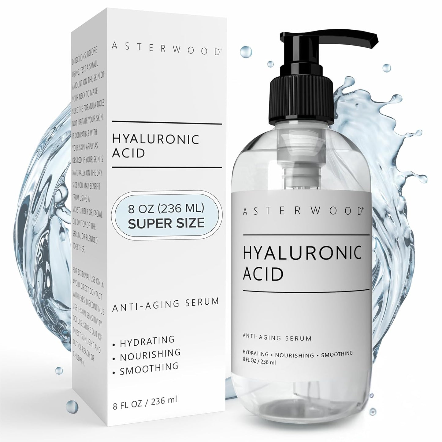 Asterwood Hyaluronic Acid Serum for Face - Plumping, Anti-Aging, Hydrating - Fragrance-Free - 8 Fl Oz