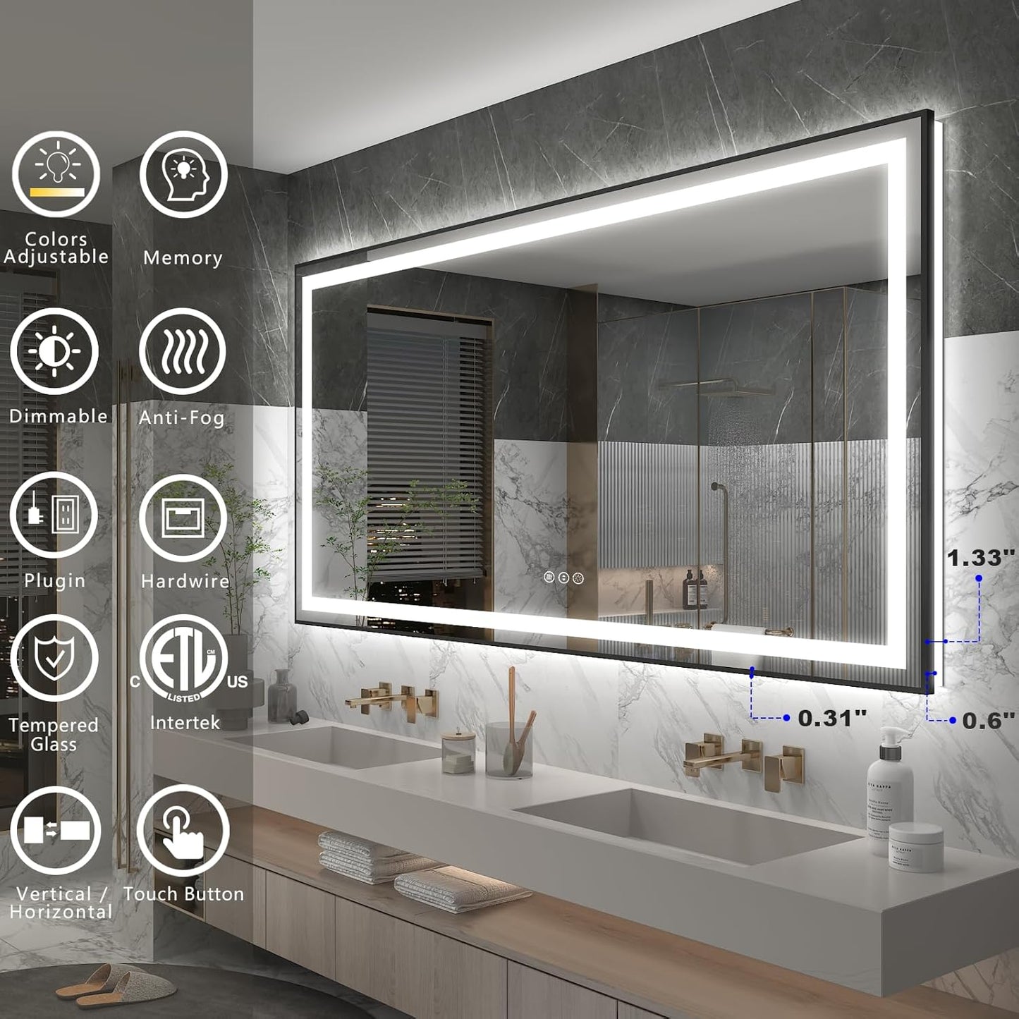 OKPAL 72x40 Framed LED Bathroom Mirror with Lights, Large Lighted Vanity Mirrors for Bathroom Wall, Dimmable, Anti-Fog, Shatter-Proof, Memory, ETL Listed (Front Light + Backlit)
