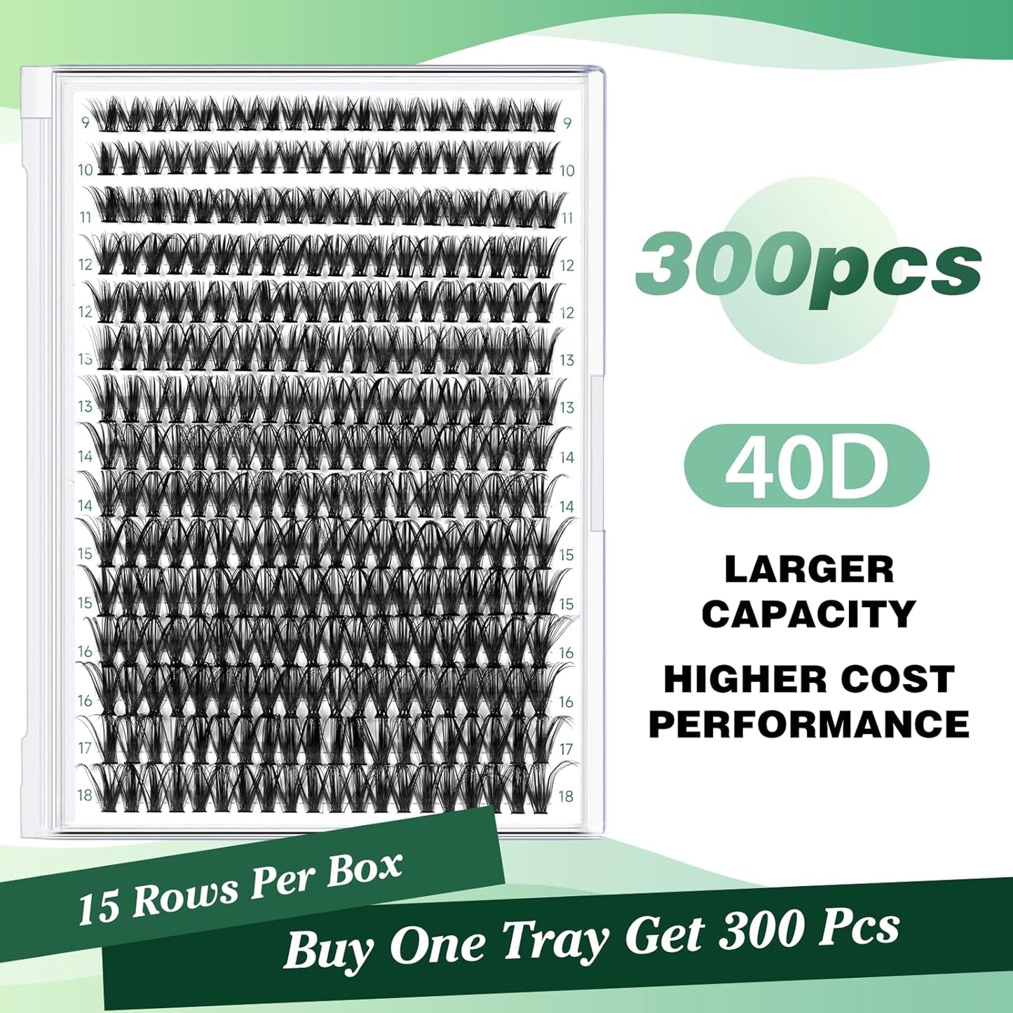 Lash Clusters 300pcs Individual Lashes 40D 0.07C Curl 9-18MIX DIY Eyelash Extension KEYYOU Large Tray Volume Soft&Natural Cluster Lashes(40D-0.07C,9-18MIX）