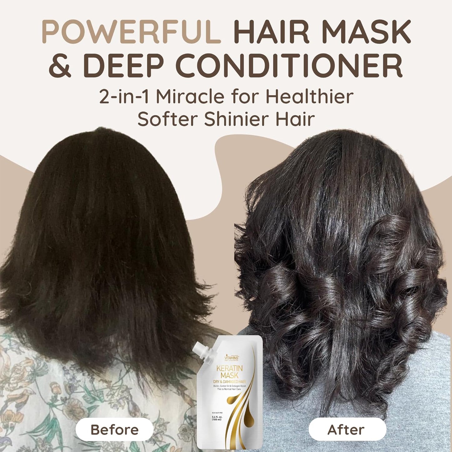 VITAMINS hair cosmetics Keratin Hair Mask - Protein Repair Keratin Treatment - Deep Conditioner for Dry, Damaged, Curly, Straight & Frizzy Hair with Biotin, Collagen & Castor Oil - 3.4 Fl Oz