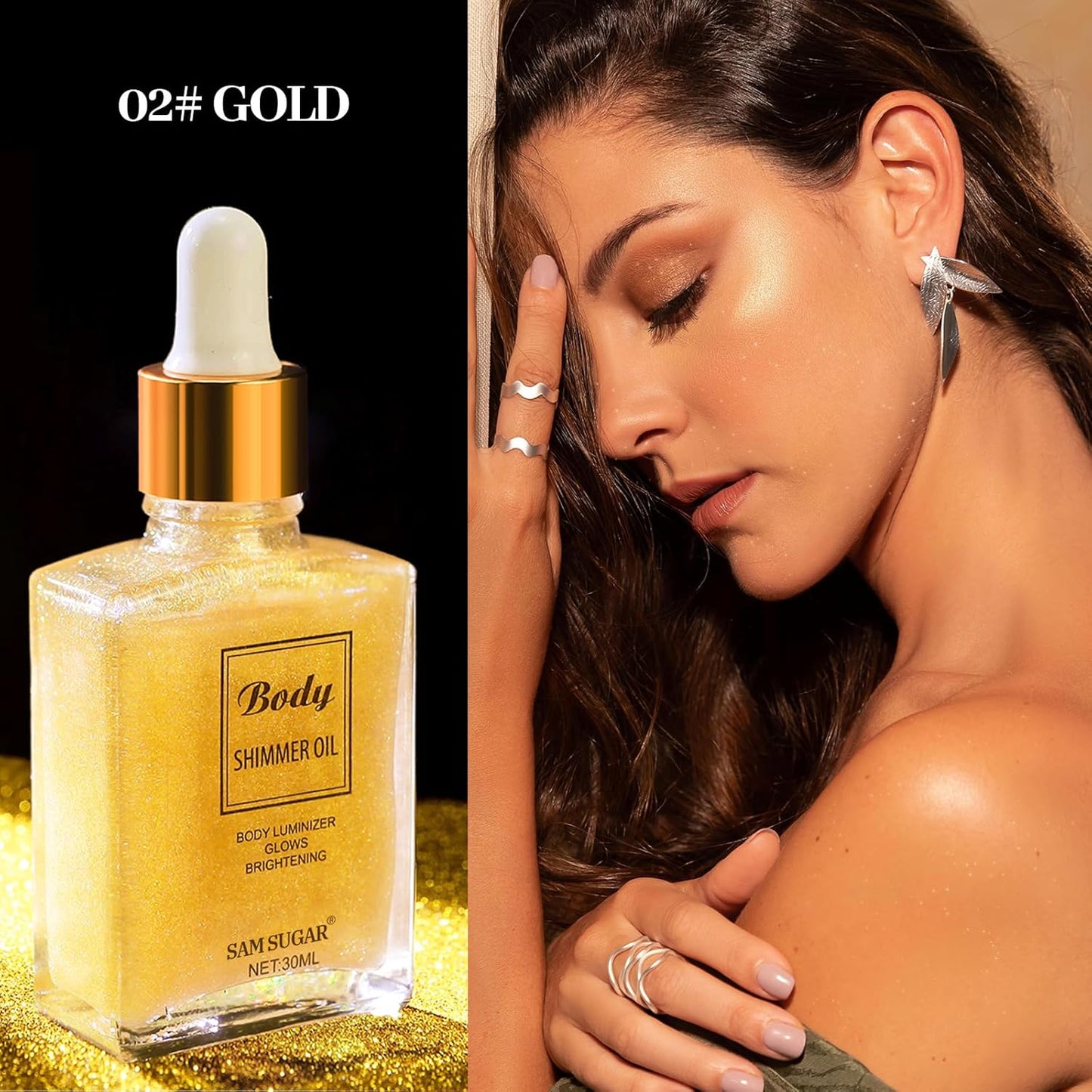 Shimmering Body Oil,Face & Body Glitter Makeup Liquid Highlighter, Moisturizing Body Glitter Dewy Highlighter,Long Lasting Highlighter Face Brighten,Liquid Face Glow Sparkles Body Oil for Women