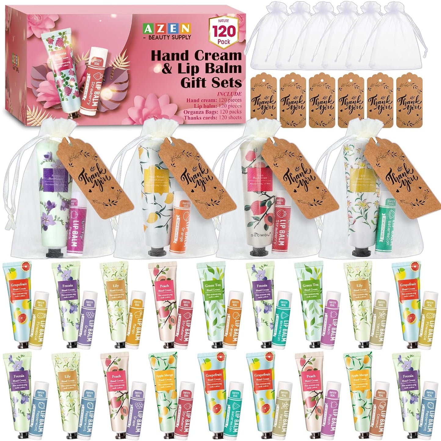 AZEN 120 Sets Bulk Gifts, Hand Cream and Lip Balm Bulk Set with Organza Bag Thank You Card, Baby Shower Wedding Gifts for Guests, Bridal Wedding Favors for Guests,Thank You Gifts for Women