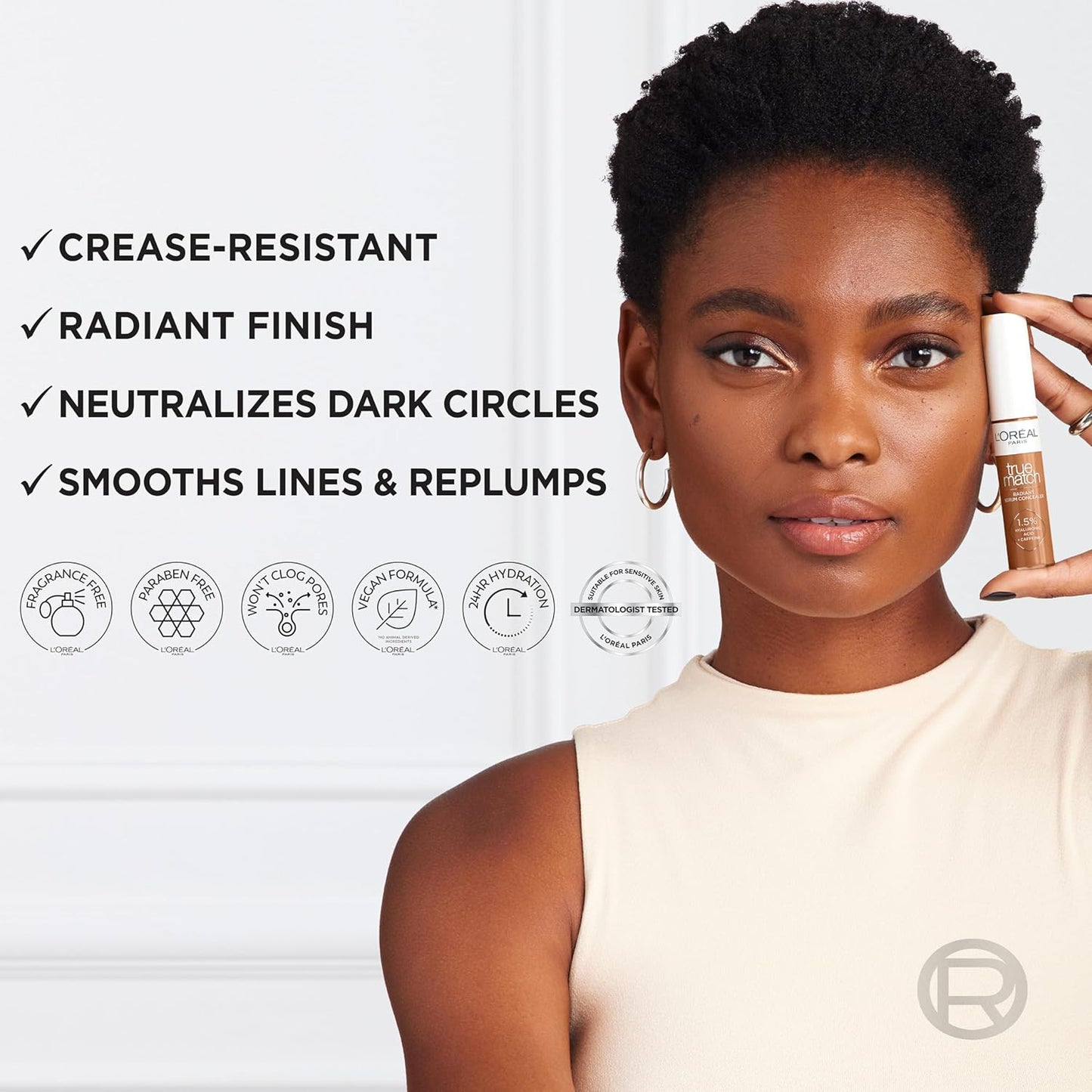 L’Oréal Paris True Match Radiant Serum Concealer, Brightening Under Eye Concealer Make Up with 1.5% Hyaluronic Acid and Caffeine, W6, 0.33 Oz