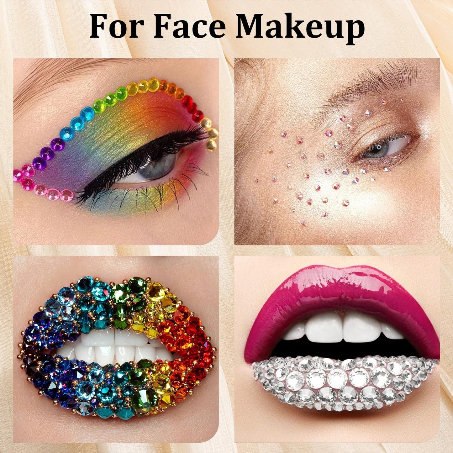 Colorful Face Gems for Makeup Set, Flatback Gorgeous Charming Clear Gass Gem with Makeup Glue+Picker Pencil+Tweezer+Dual-End Dotting Tool for Eye Body Hair Make-up and Nail Art Deco