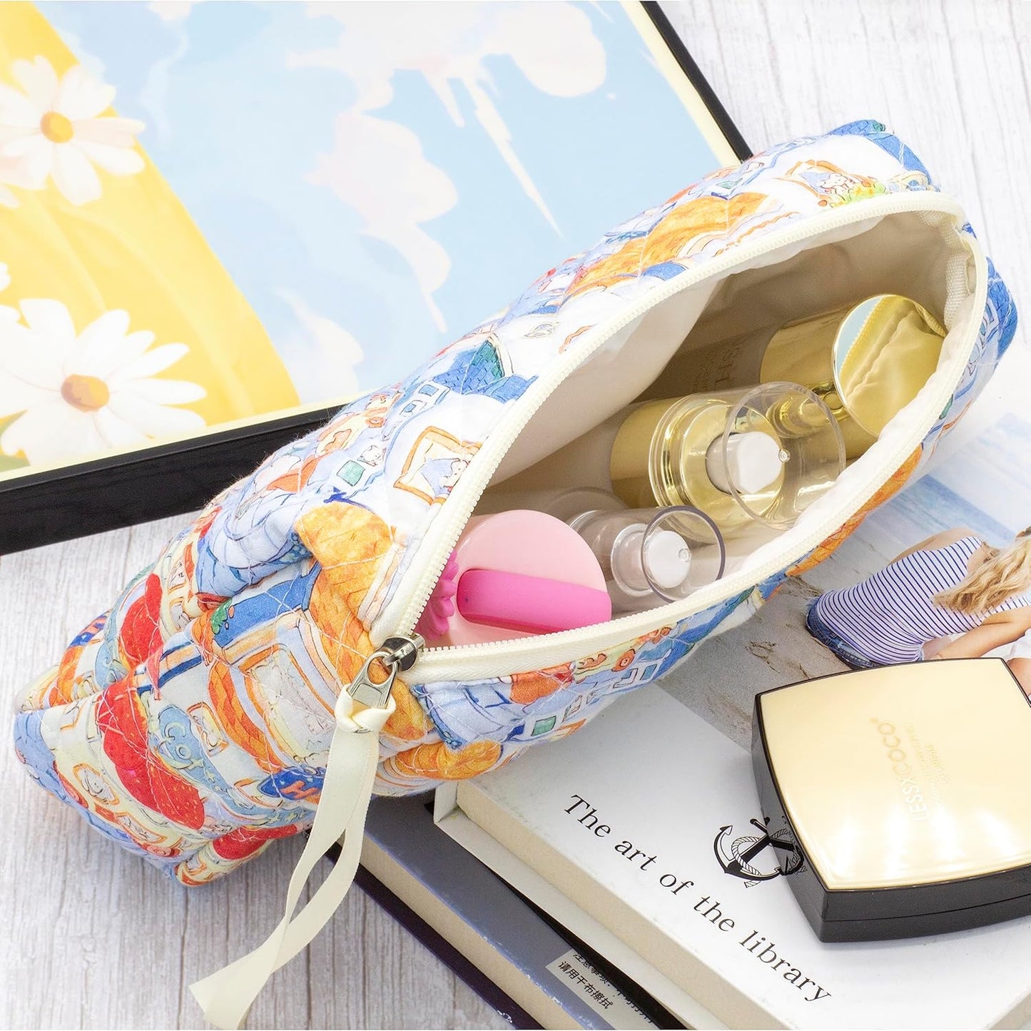 PAZIMIIK 3PCS Makeup Bag SET Large Travel Quilted Zipper Soft Cosmetic Case Pouch for Women Girls Make Up,Little Bunny