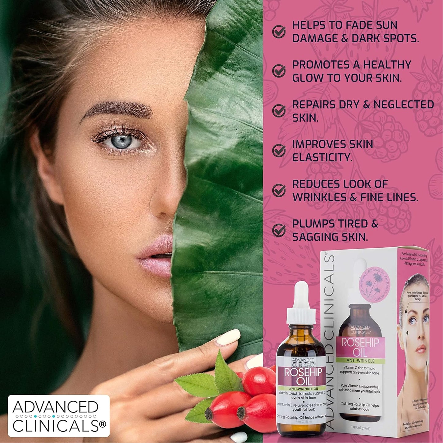 Advanced Clinicals Rosehip Oil Facial Skin Care Serum Moisturizer Face Oil W/Vitamin C & Vitamin E For Reducing Appearance Of Sun Damage Skin, Age Spots, & Wrinkles, 1.8 Fl Oz (Pack of 2)