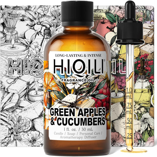 HIQILI Green Apples & Cucumbers Fragrance Oil for Candle, Soap, Perfume Making, Inspired by D.Ka-Ran B.De-Licious, Fresh Scents, Add to Skin & Hair Care Products - 1 Fl Oz