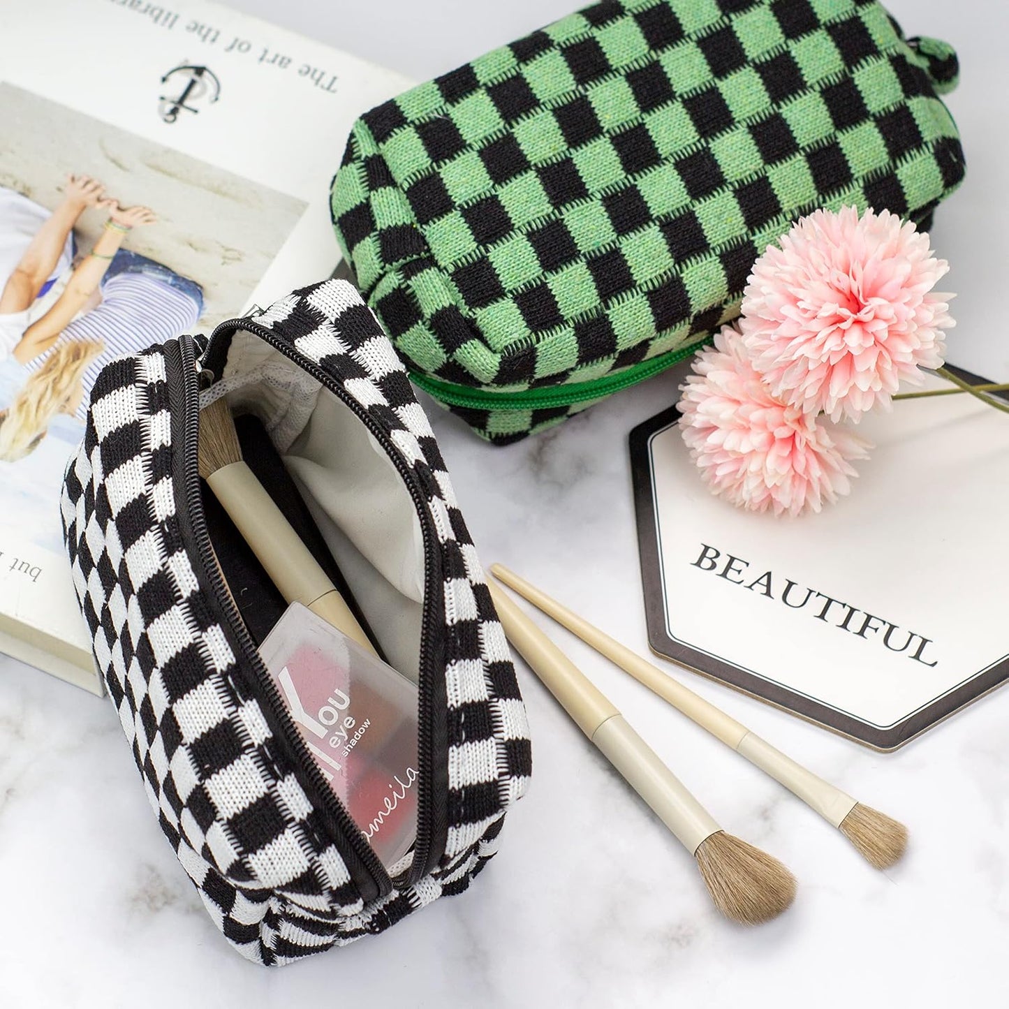 PAZIMIIK Checkered Makeup Bag for Purse Portable Zipper Make Up Pouch Small Cosmetic Case for Travel Accessories (6PCS Black)