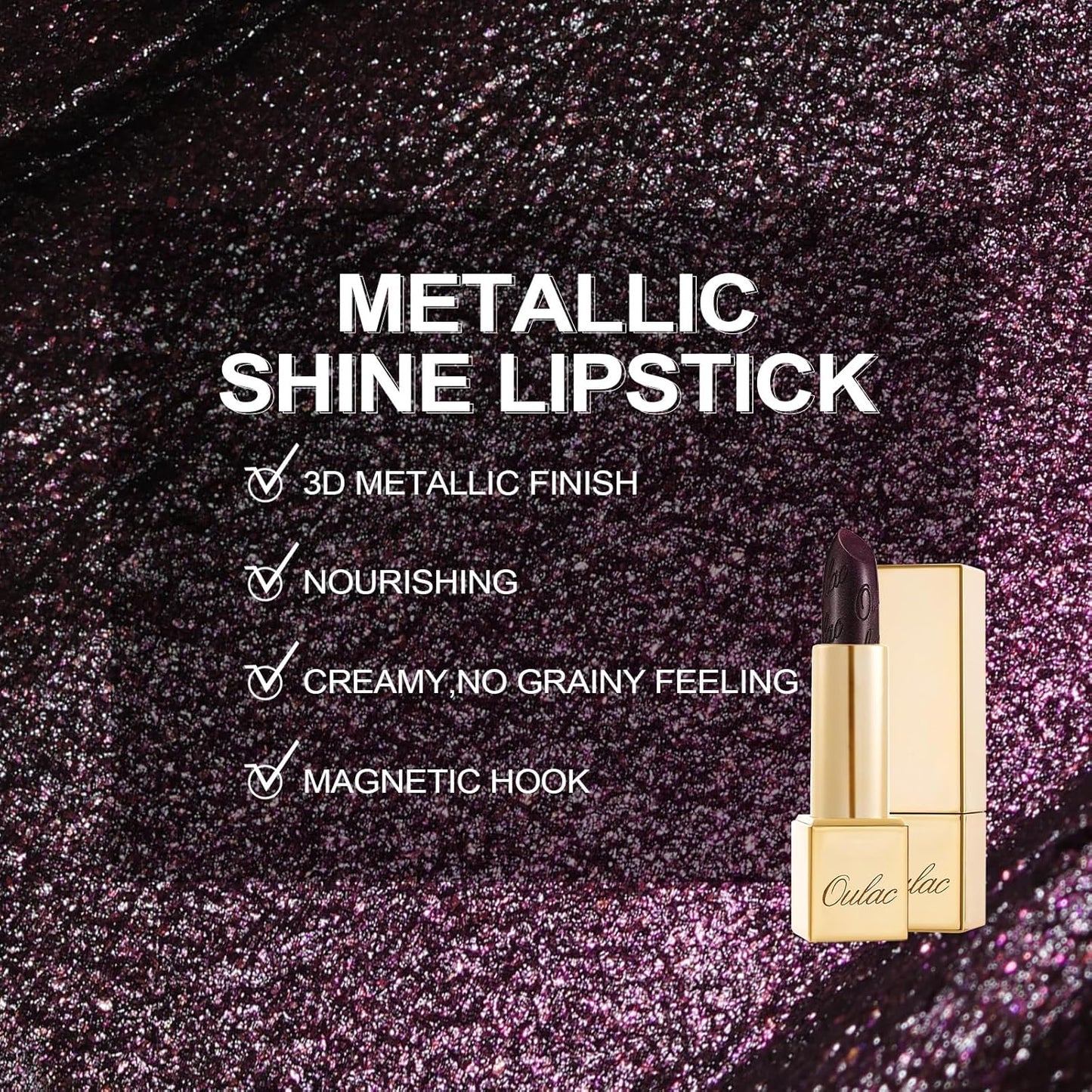Oulac Metallic Black Lipstick for Women, High-Impact Lipcolor with Moisturizing Creamy Formula, Vegan & Cruelty-Free, Full-Coverage Matte Lipstick, Midnight Mirage (21)