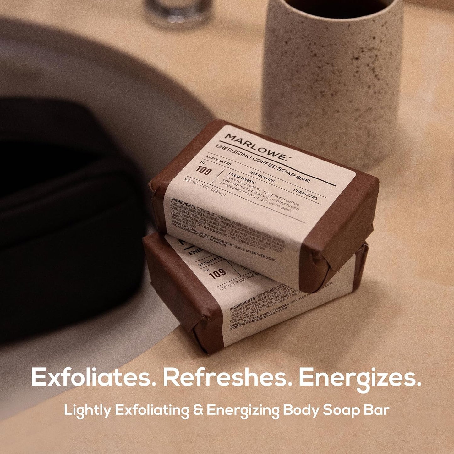 MARLOWE. No. 109 Coffee Bar Soap 7 oz (12 Bars) – Exfoliating Body Scrub for Men with Natural Extracts, Caffeine, Coffee Bean & Cocoa Butter – Energizing Fresh Brewed Scent